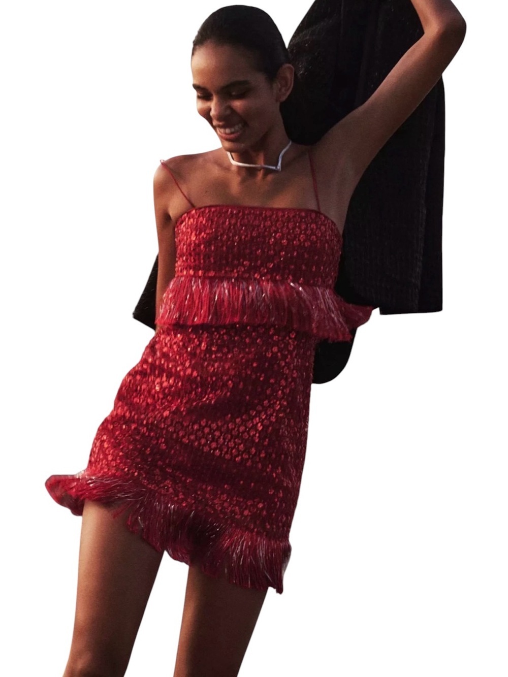 Anthropologie Saylor Red Fringe Mini Dress with Spaghetti Straps